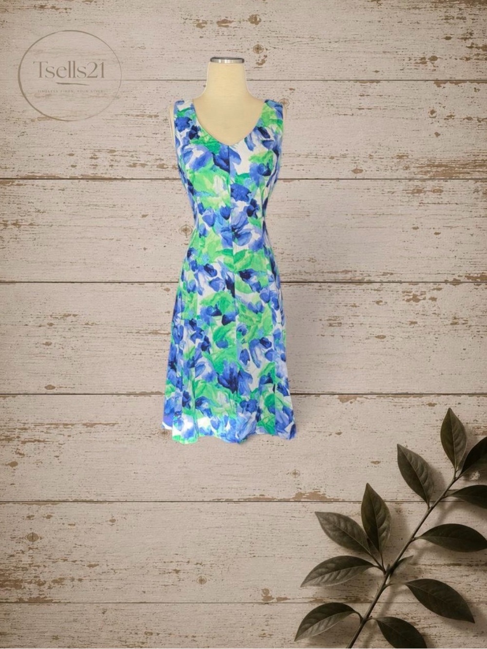 Chaps 98% Cotton Blue/Green Watercolor Floral Midi Dress - Picture 2 of 8
